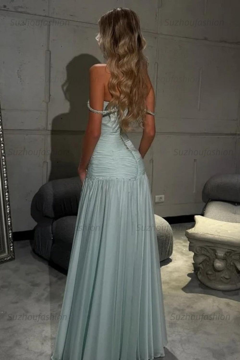 Off The Shoulder Prom Dress Sleeveless Pleated A Line Formal Evening Gown
