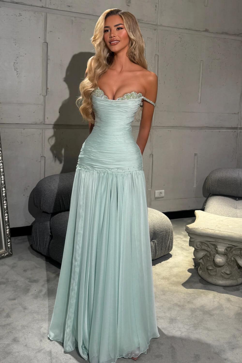 Off The Shoulder Prom Dress Sleeveless Pleated A Line Formal Evening Gown