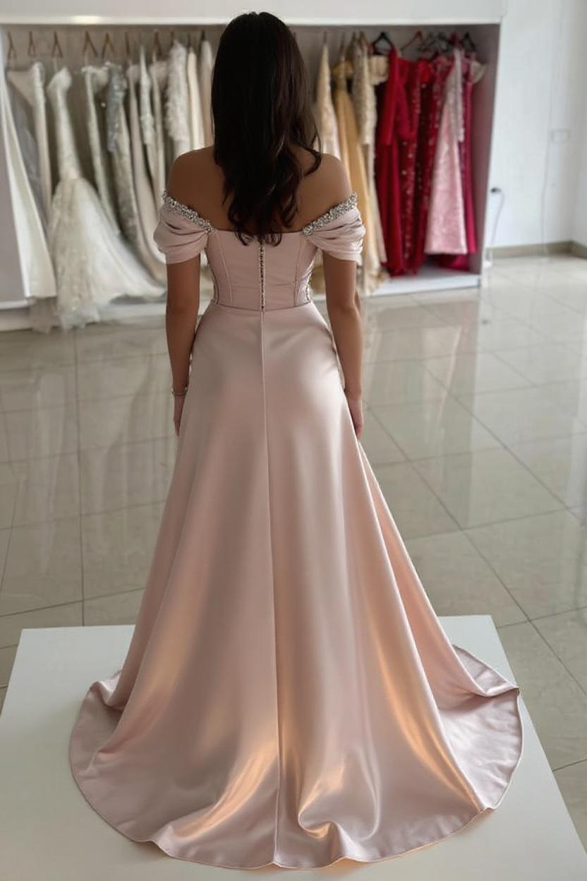 Off The Shoulder Prom Dresses Beaded Satin Evening Formal Dresses