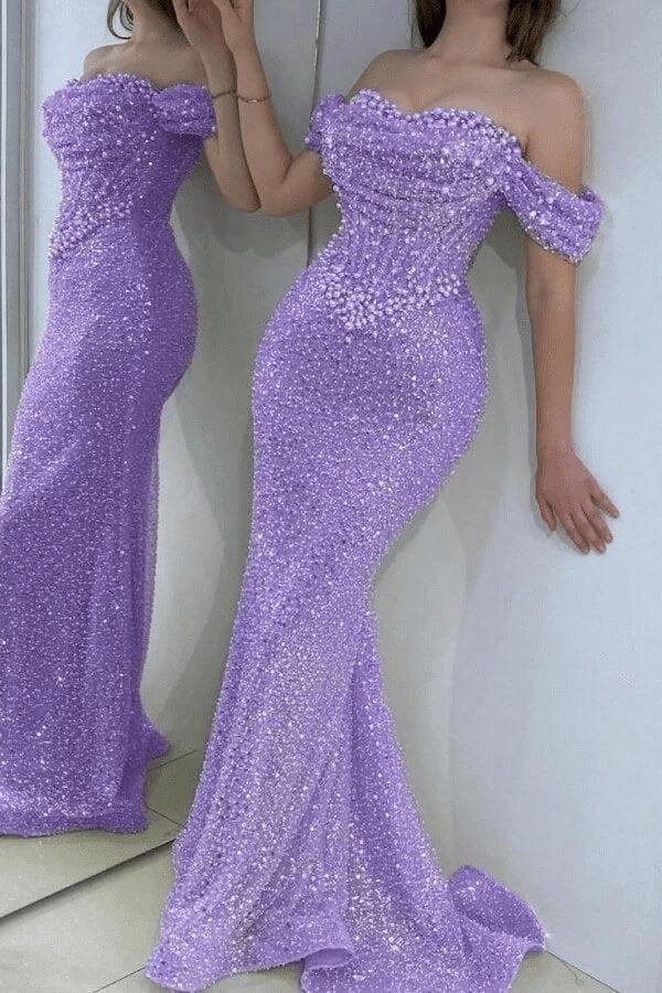 Champagne Prom Dress Mermaid Sweetheart Beaded Off The Shoulder Formal Dress With Pearls