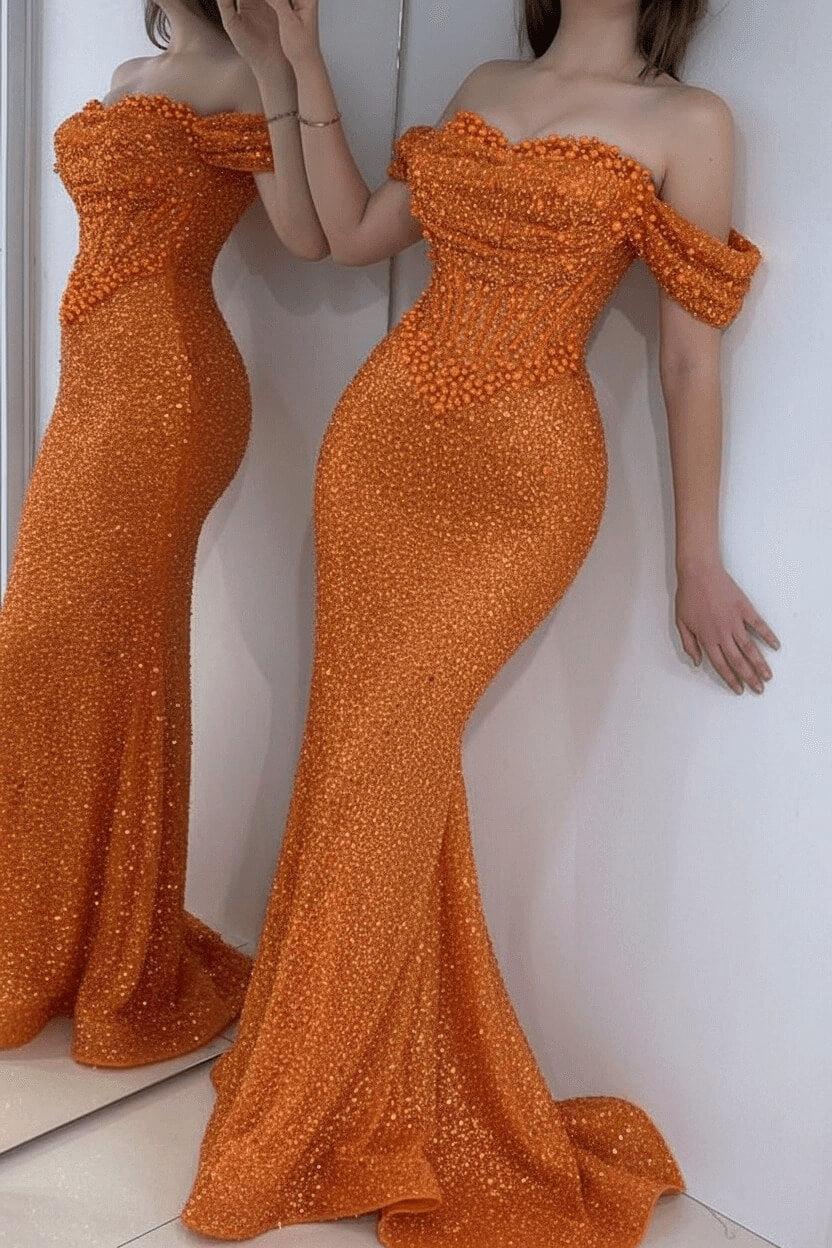 Champagne Prom Dress Mermaid Sweetheart Beaded Off The Shoulder Formal Dress With Pearls