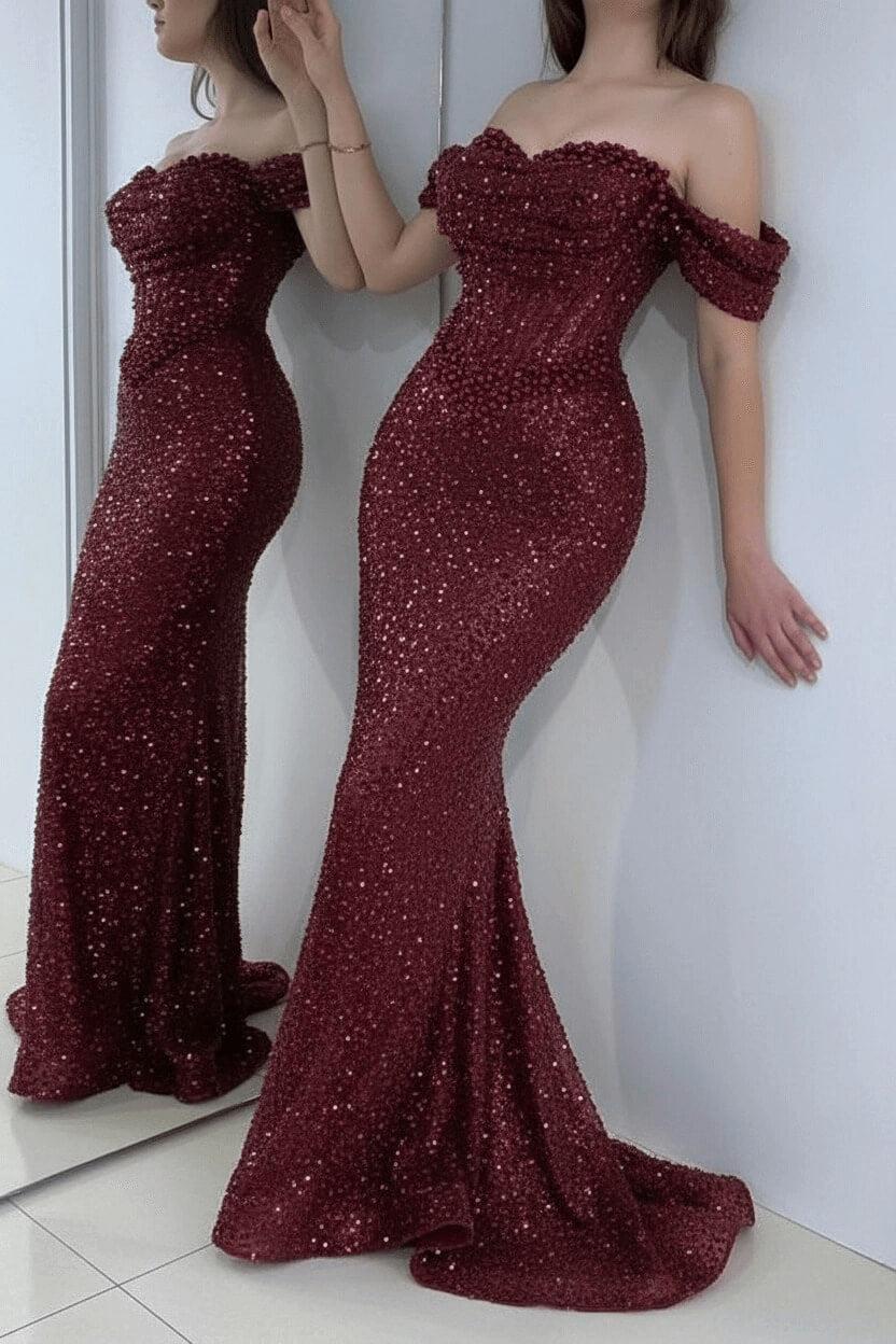Champagne Prom Dress Mermaid Sweetheart Beaded Off The Shoulder Formal Dress With Pearls