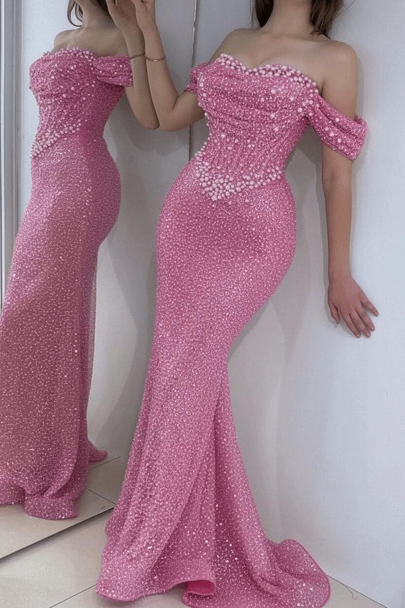 Champagne Prom Dress Mermaid Sweetheart Beaded Off The Shoulder Formal Dress With Pearls