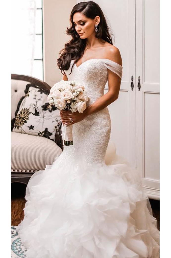 Off The Shoulder Puffy Ruffles Wedding Dresses | Sheath Tulle Sexy Lace Bridal Gowns