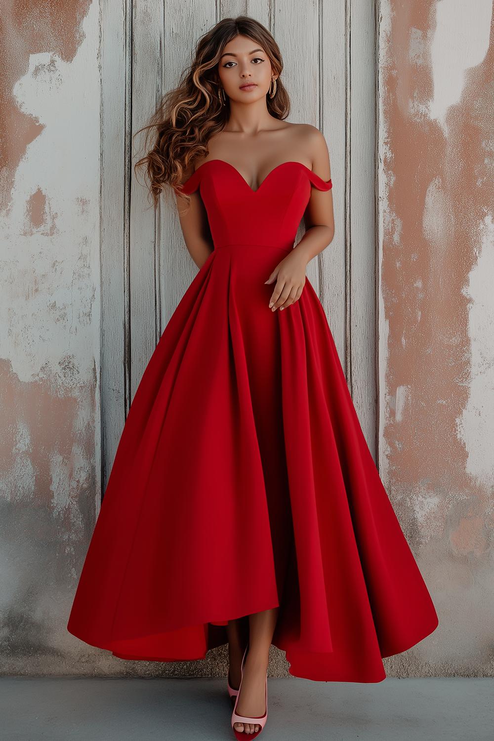 Off The Shoulder Red Wedding Guest Dress A Line Formal Dress