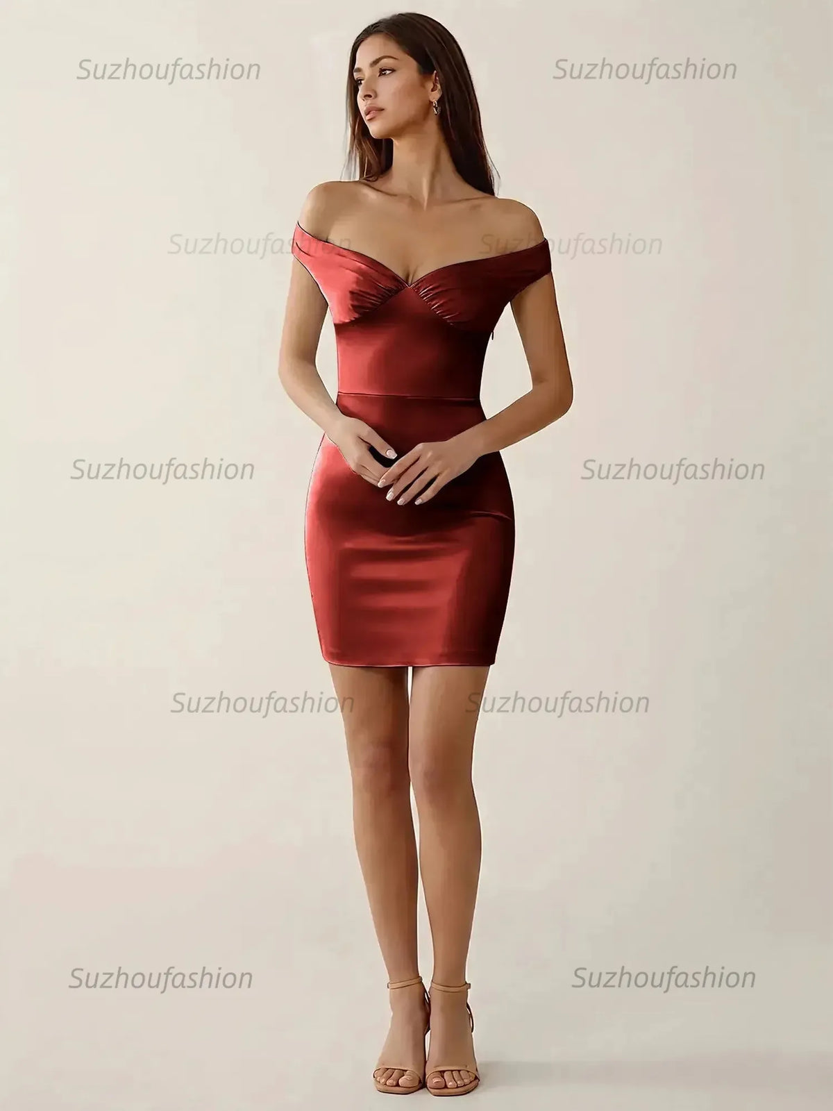 Suzhoufashion Off-The-Shoulder Ruched Satin Homecoming Dresses Mini Cocktail Dress