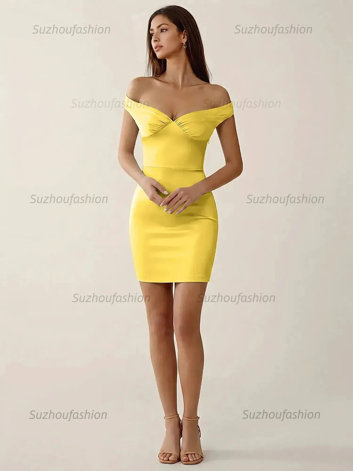 Suzhoufashion Off-The-Shoulder Ruched Satin Homecoming Dresses Mini Cocktail Dress