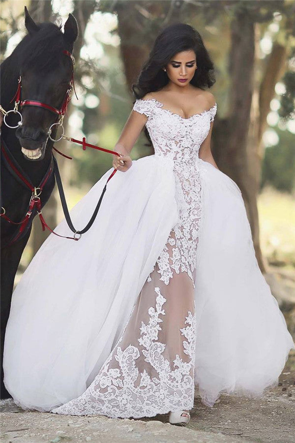 Off The Shoulder Sheer Lace Beach Wedding Dresses Puffy Tulle Overskirt Sleeveless Bridal Gowns BA6040