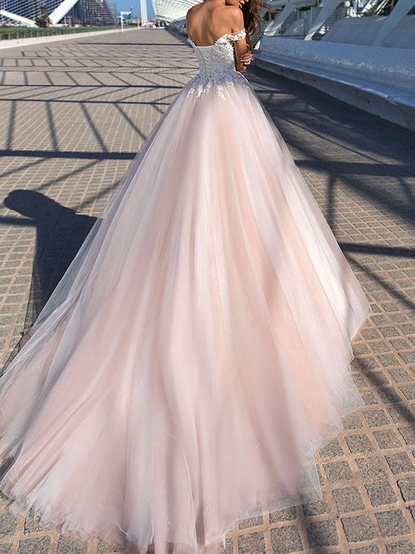 Off The Shoulder Tulle Lace Pearl Pink  A-Line Wedding Dresses Long