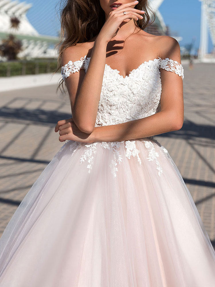 Off The Shoulder Tulle Lace Pearl Pink  A-Line Wedding Dresses Long