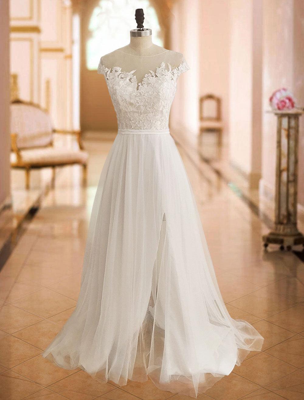 Off The Shoulder Tulle White Lace Split A-Line Beach Wedding Dresses