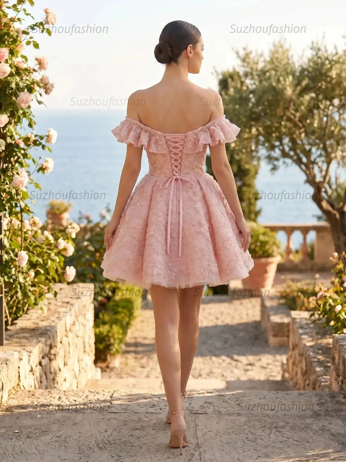 Suzhoufashion Off-the-Shoulder 3D Floral Ruffled Homecoming Dresses Mini Cocktail Dress