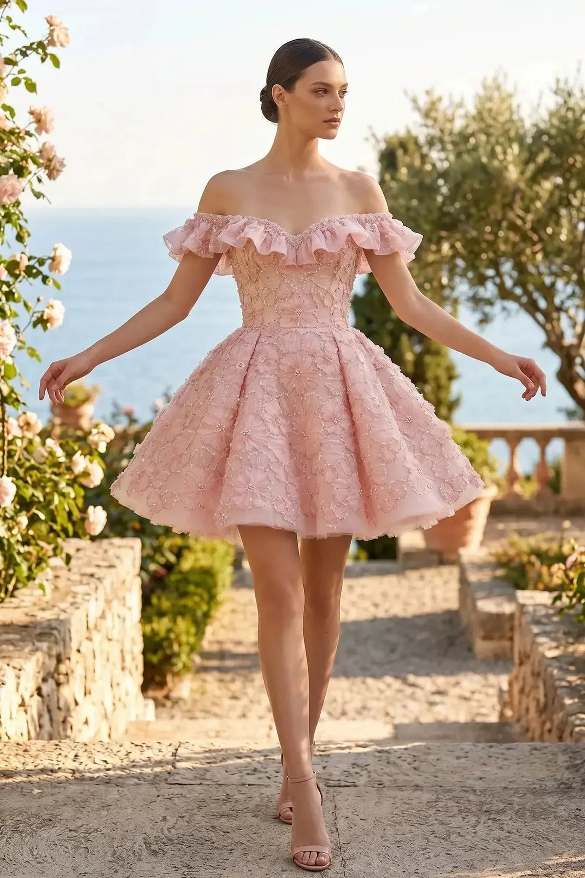Suzhoufashion Off-the-Shoulder 3D Floral Ruffled Homecoming Dresses Mini Cocktail Dress