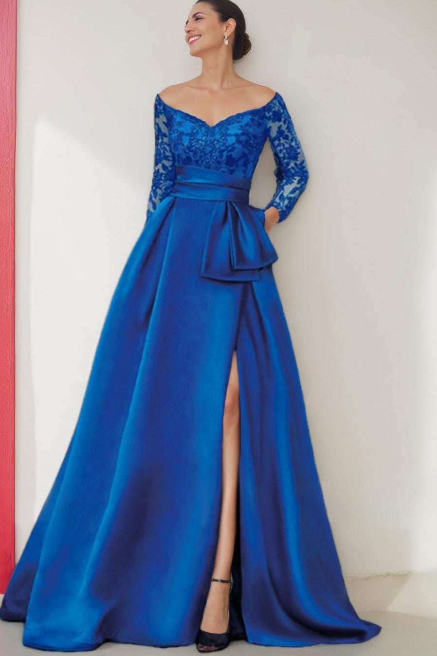 Off the Shoulder A Line Long Mother of the Bride Dress with 3/4 Sleeves and Side Split