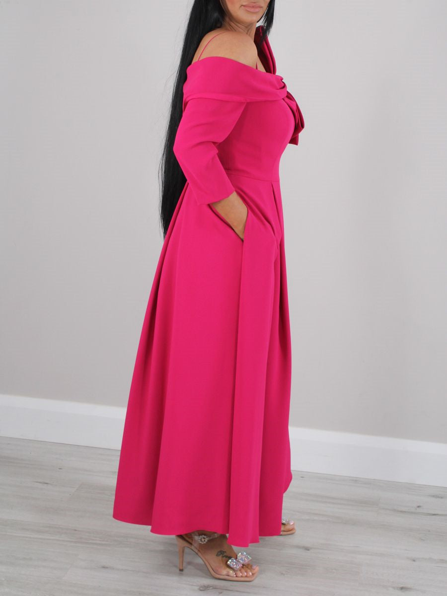 Off the Shoulder A Line Ankle Length Mother of the Bride Dress with Bow(s) and 3/4 Sleeves