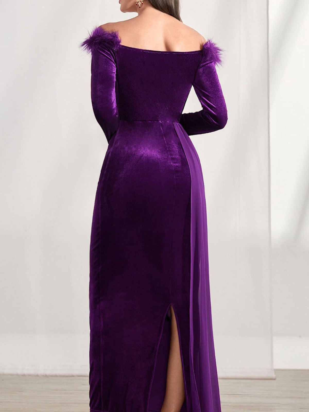 Off the Shoulder Asymmetrical Long Sleeve Sheath Column Dress with Feather for Mother of the Bride & Groom