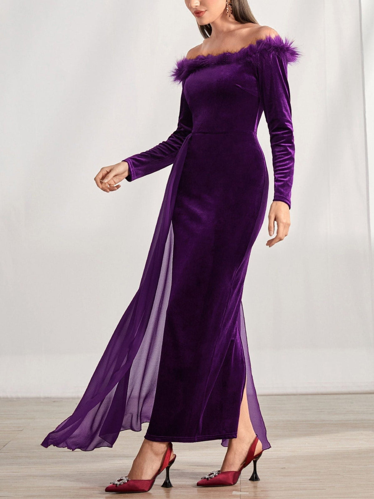 Off the Shoulder Asymmetrical Long Sleeve Sheath Column Dress with Feather for Mother of the Bride & Groom