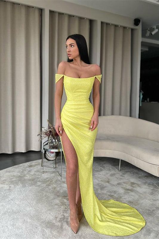 Off-the-Shoulder Daffodil Mermaid Evening Prom Dresses Sequins Slit Long Online