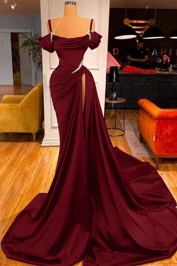 Off-the-Shoulder Dark Green Slit Prom Dress Long Mermaid Party Gowns