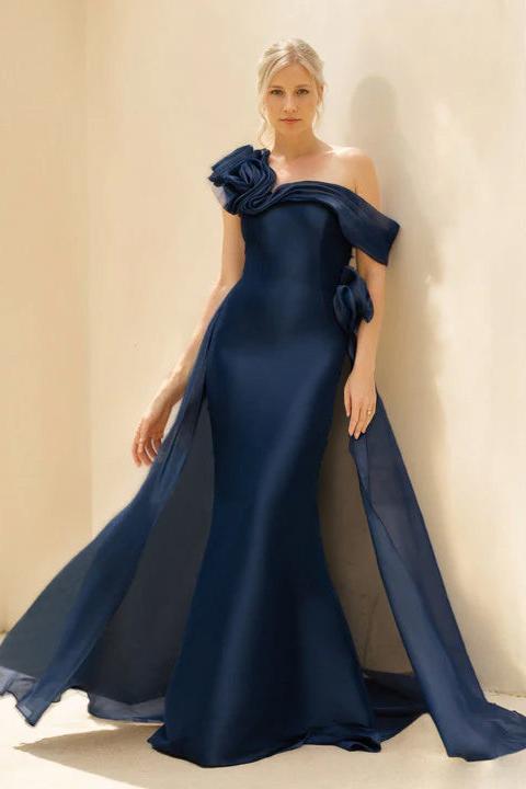 Off the Shoulder Long Mother of the Bride & Groom Dress with Long Sleeves Flower and Overskirt