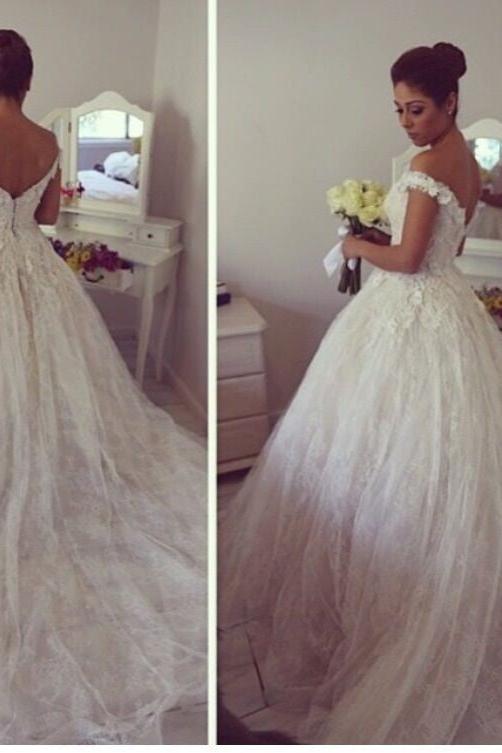 Off the Shoulder Lace Ball Gown Princess Dress Gorgeous Tulle Wedding Dresses