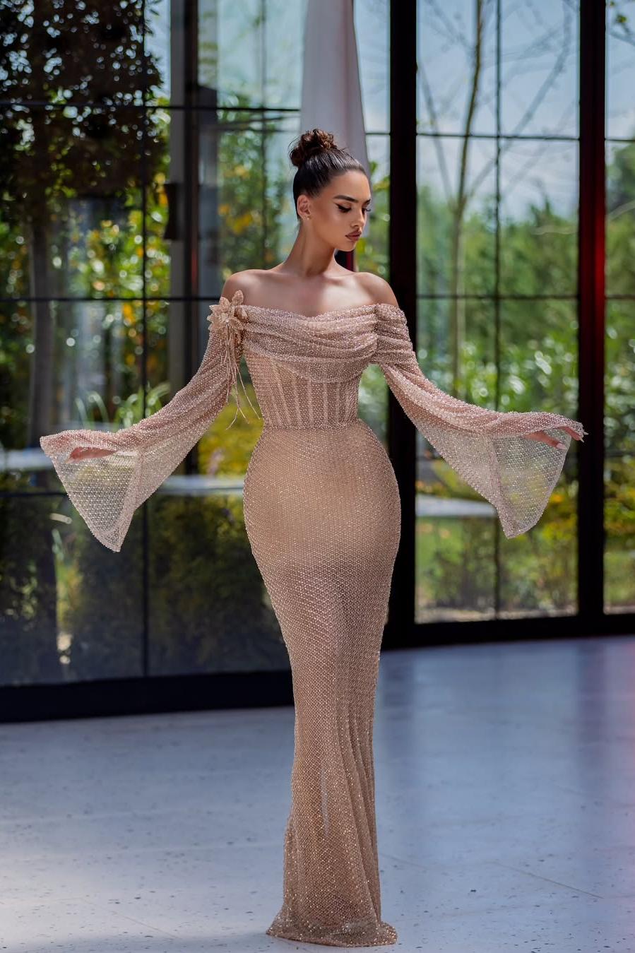 Off the Shoulder Long Sleeves Long Evening Formal Dress With Appliques