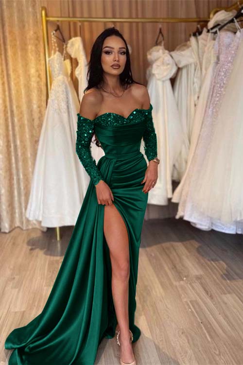 Off the Shoulder Long Sleeves Long Mermaid Evening Formal Dress With Pleated