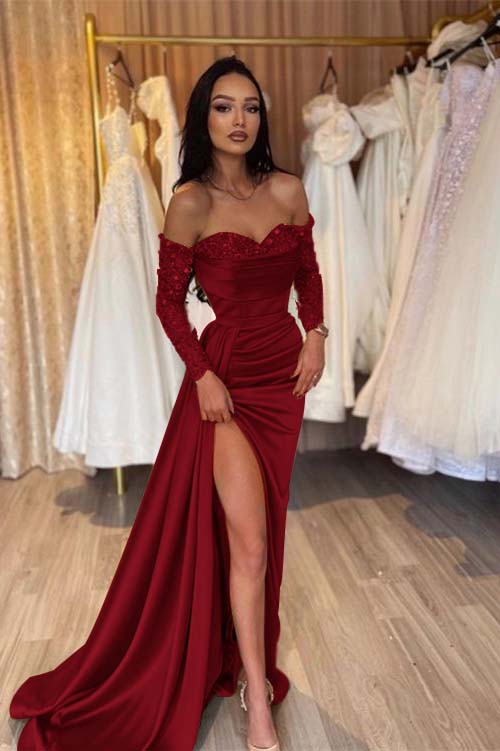 Off the Shoulder Long Sleeves Long Mermaid Evening Formal Dress With Pleated