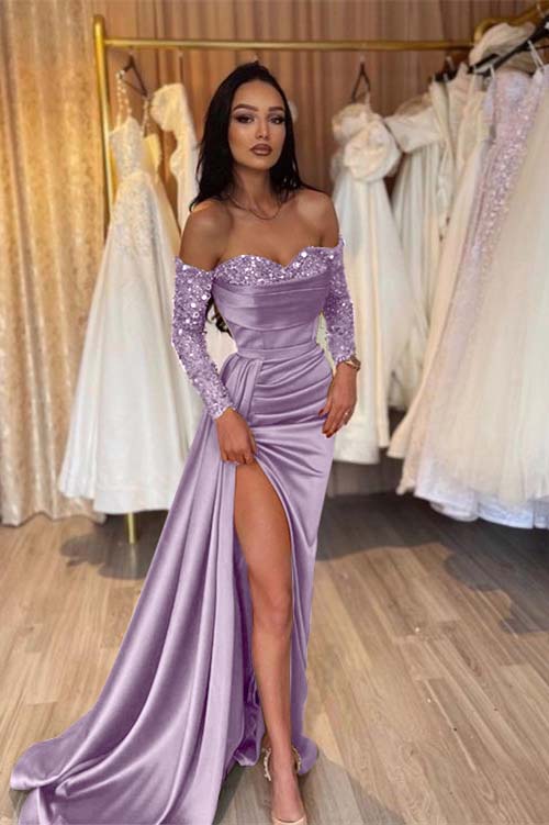Off the Shoulder Long Sleeves Long Mermaid Evening Formal Dress With Pleated