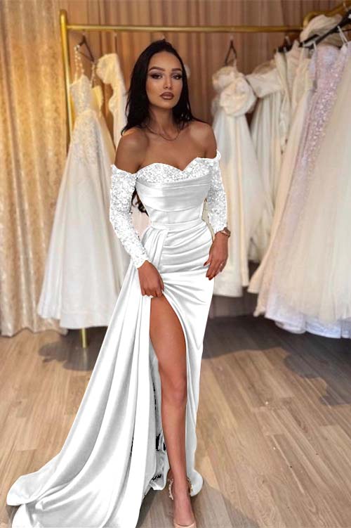 Off the Shoulder Long Sleeves Long Mermaid Evening Formal Dress With Pleated