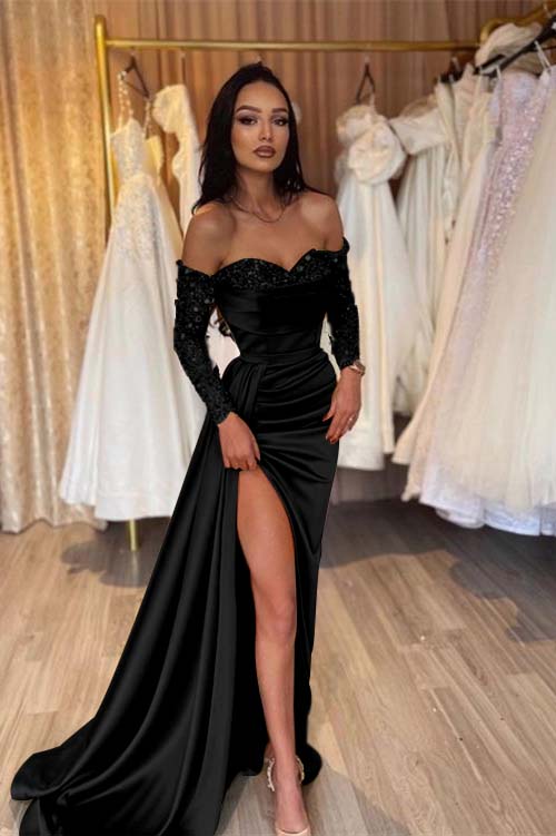Off the Shoulder Long Sleeves Long Mermaid Evening Formal Dress With Pleated
