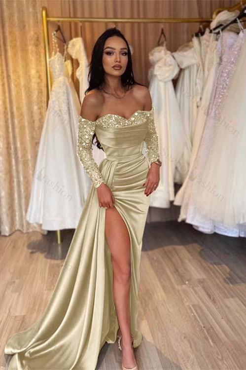 Off the Shoulder Long Sleeves Long Mermaid Evening Formal Dress With Pleated