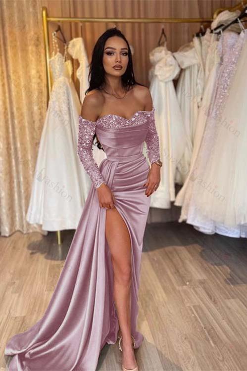 Off the Shoulder Long Sleeves Long Mermaid Evening Formal Dress With Pleated