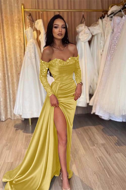 Off the Shoulder Long Sleeves Long Mermaid Evening Formal Dress With Pleated