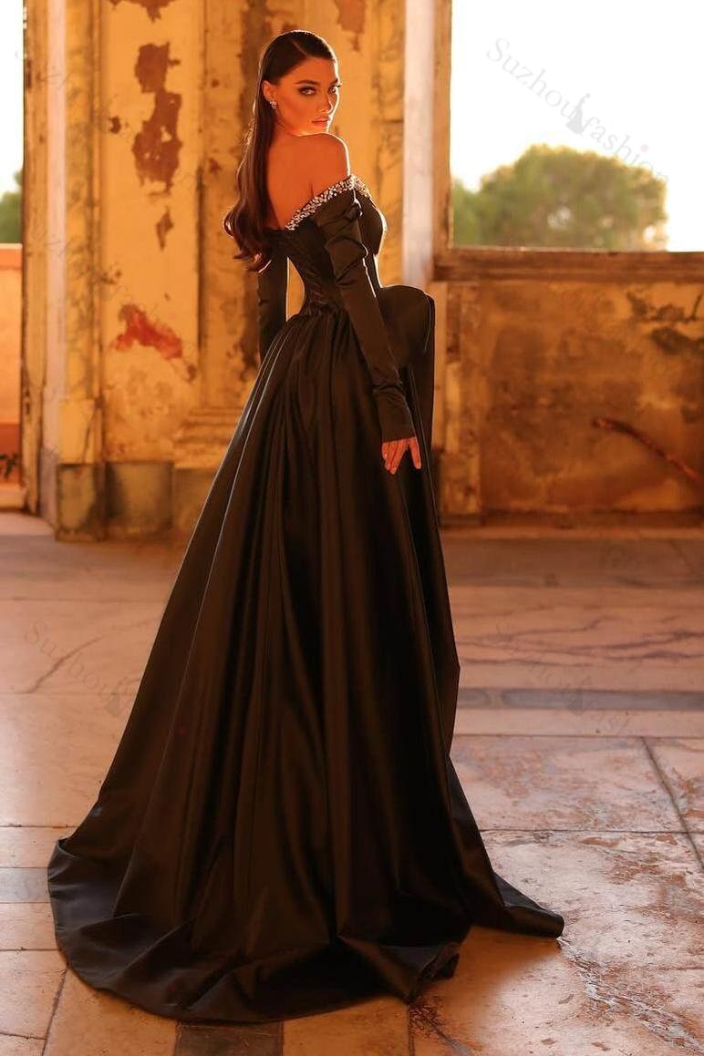 Off the Shoulder Long Sleeves Long Split Evening Formal Dress With Beading