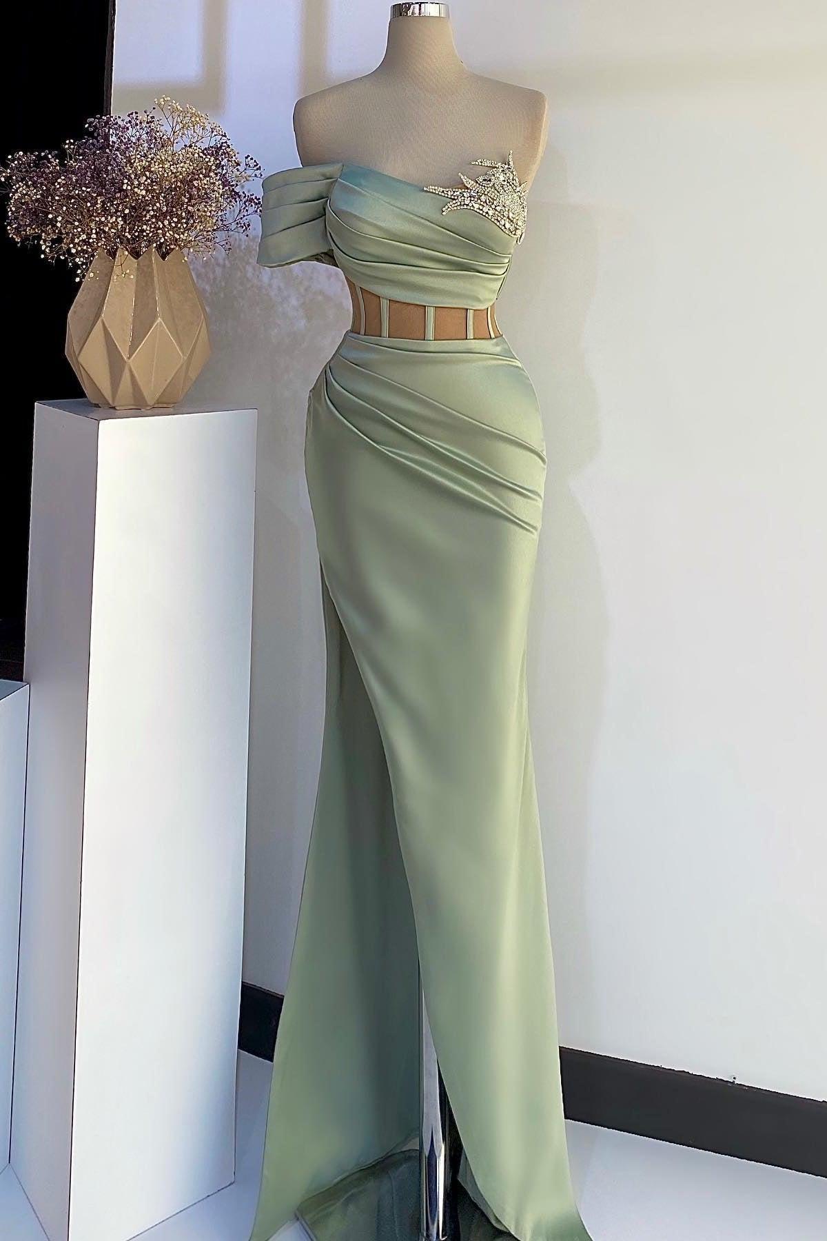 Off-the-Shoulder Mermaid Formal Dresses in Dusty Sage with Beads