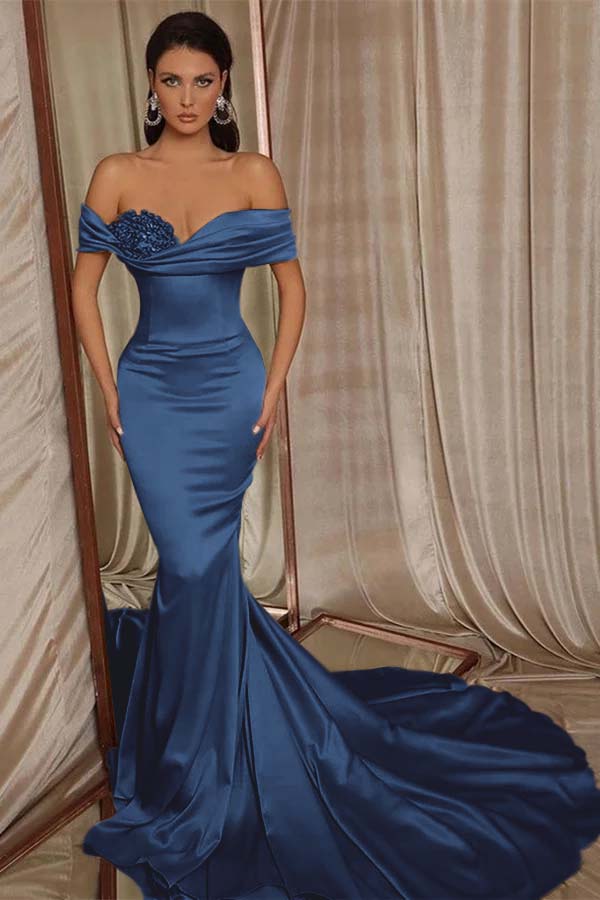 Off-the-Shoulder Mermaid Prom Dress Ruffles Crystals Slim Evening Gown