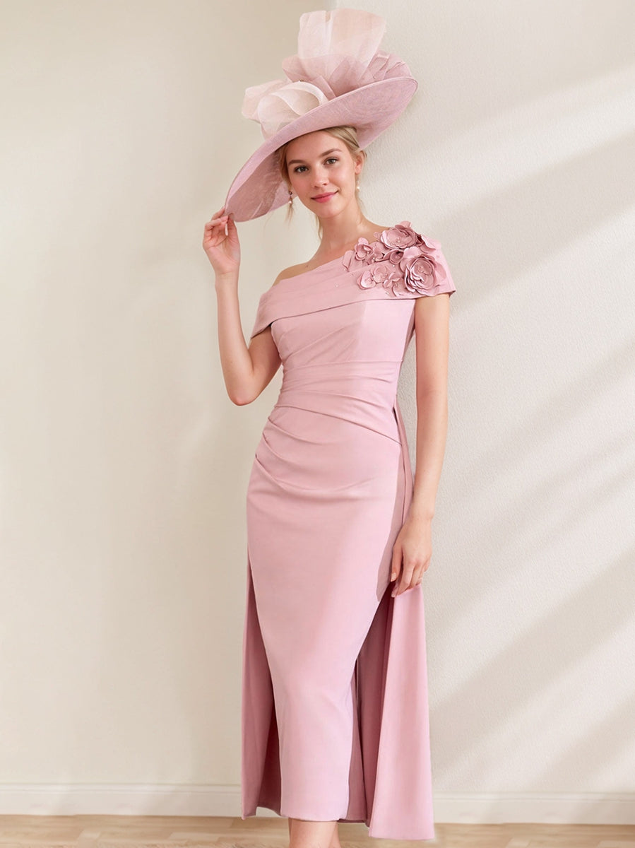 Off the Shoulder Pleated Tea Length Mother of the Bride Dress with 3D Flower in Sheath Column Style