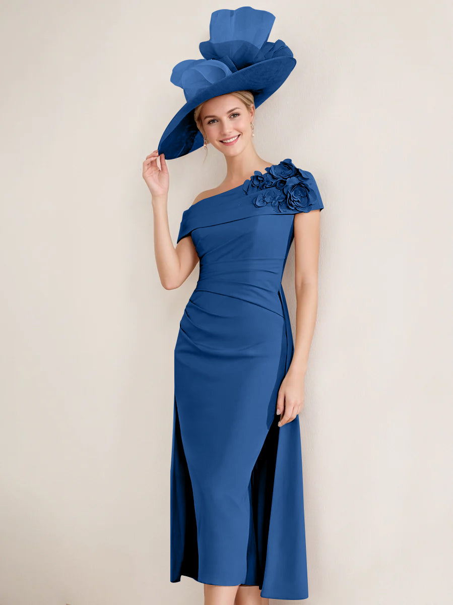 Off the Shoulder Pleated Tea Length Mother of the Bride Dress with 3D Flower in Sheath Column Style