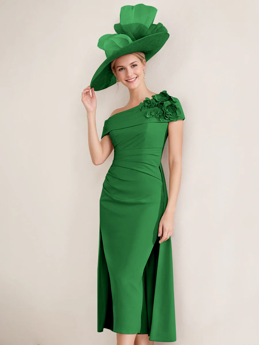 Off the Shoulder Pleated Tea Length Mother of the Bride Dress with 3D Flower in Sheath Column Style