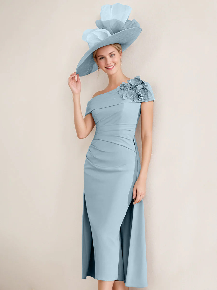 Off the Shoulder Pleated Tea Length Mother of the Bride Dress with 3D Flower in Sheath Column Style