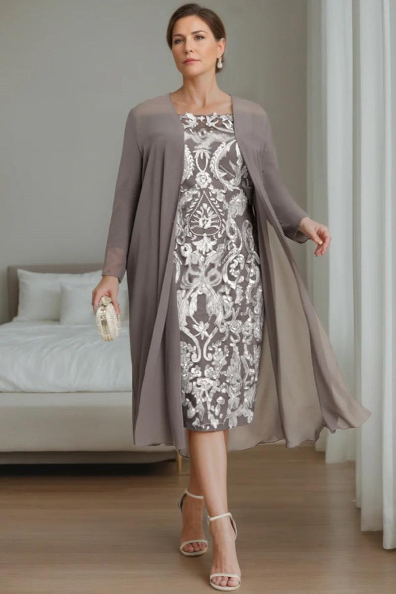 Off the Shoulder Plus Size Mother of the Bride Dress with 3/4 Sleeves and Jacket Knee Length Sheath Column Style