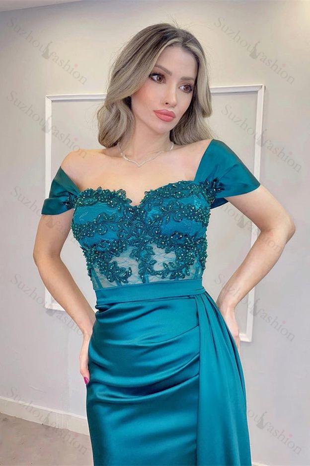 Off the Shoulder Prom Dress Long Split Evening Formal Dress With Appliques Pleated