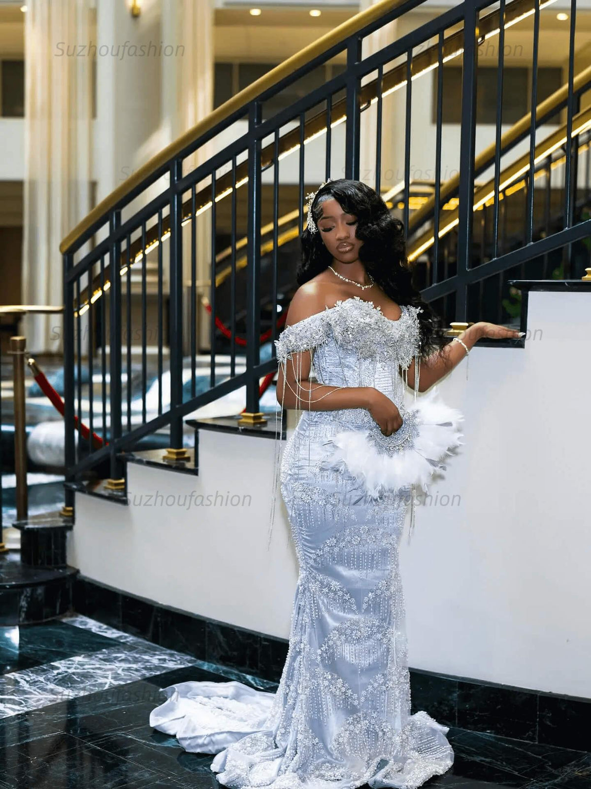 Off the Shoulder Prom Dress Mermaid Formal Evening Dress with Beadings and Rhinestones