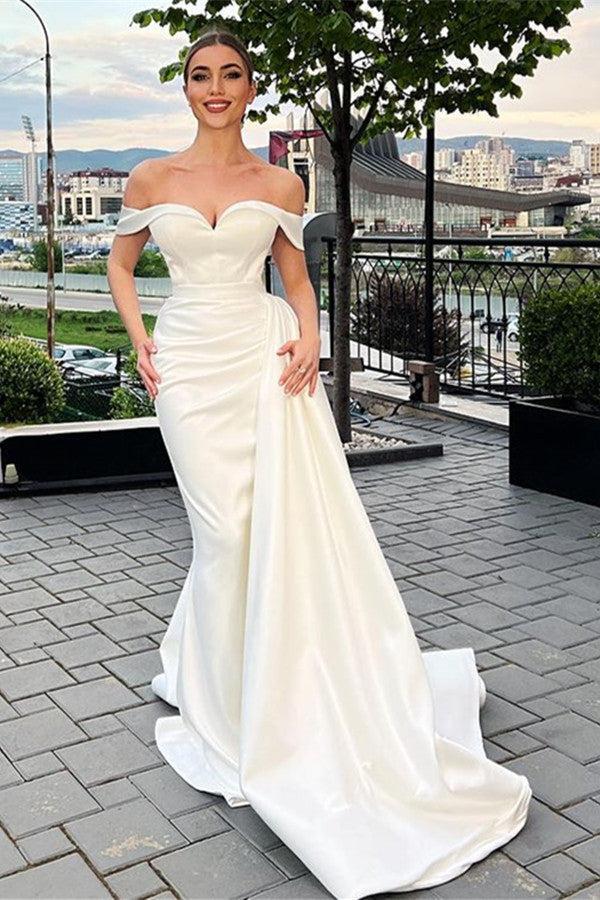 Off the Shoulder Prom Dress Mermaid Sleeveless White Prom Dress Pleated Evening Formal Dress With Ruffled