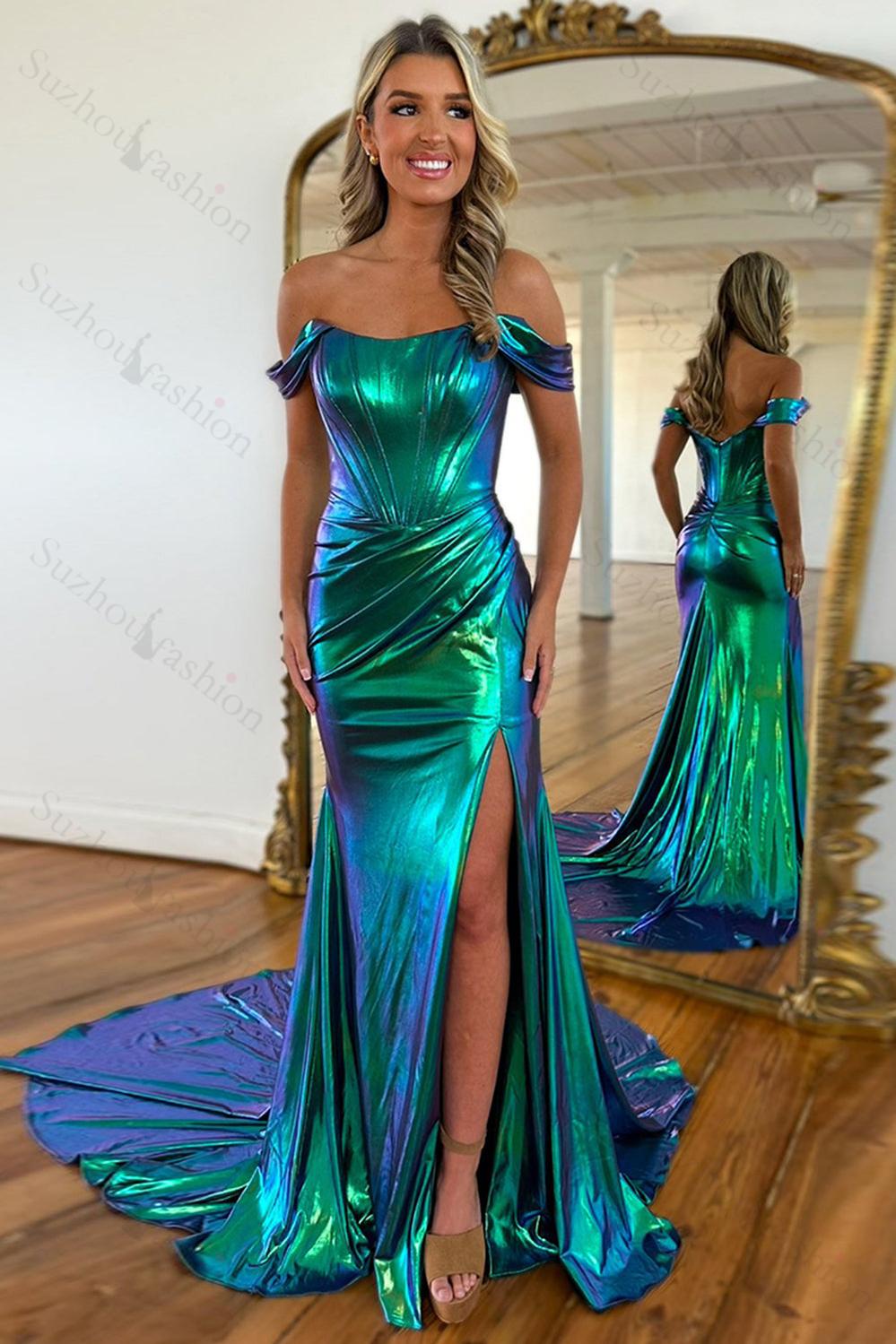 Off the Shoulder Prom Dress Ruched Corset Metallic Mermaid Formal Dress With Slit