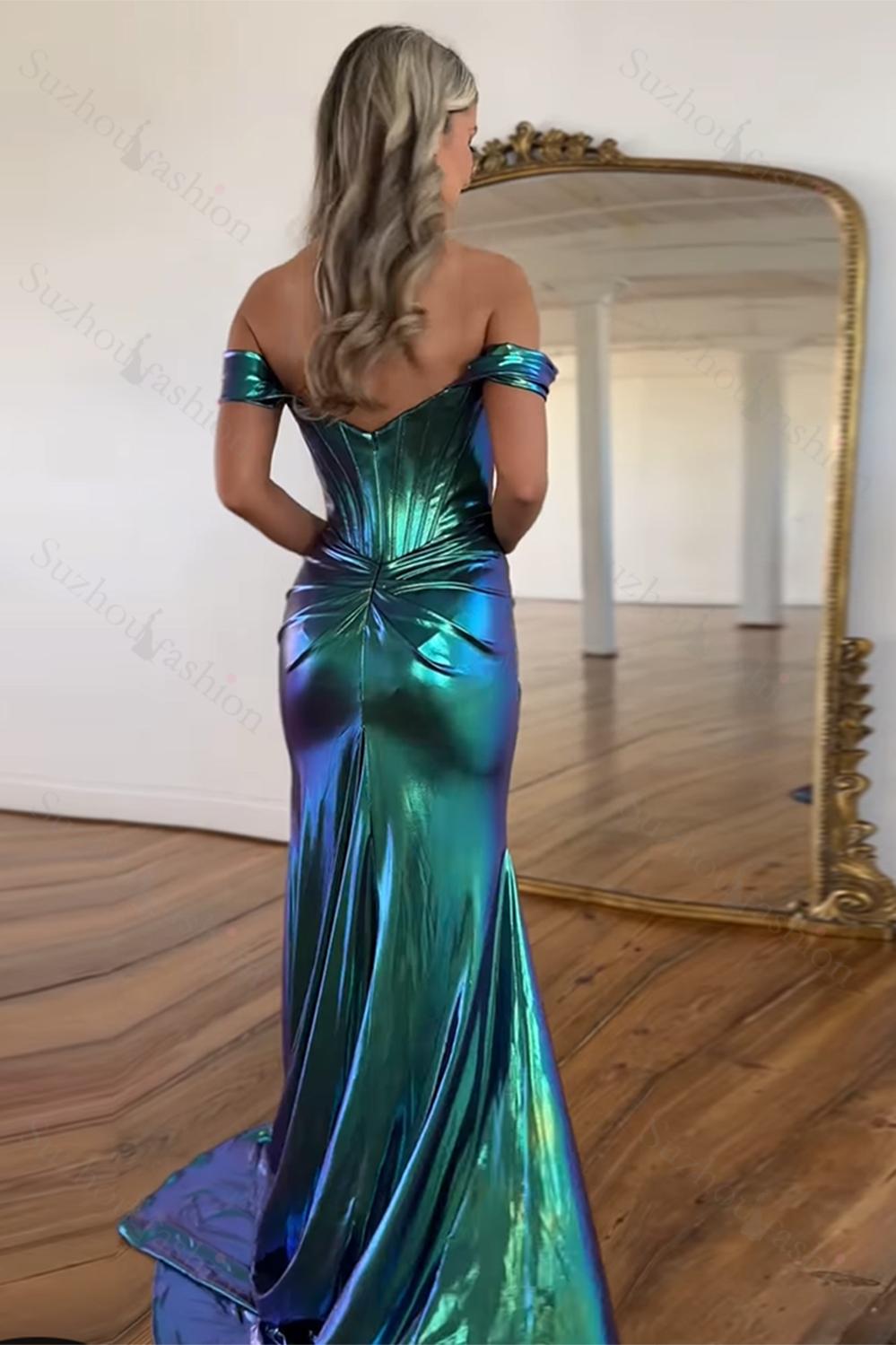 Off the Shoulder Prom Dress Ruched Corset Metallic Mermaid Formal Dress With Slit