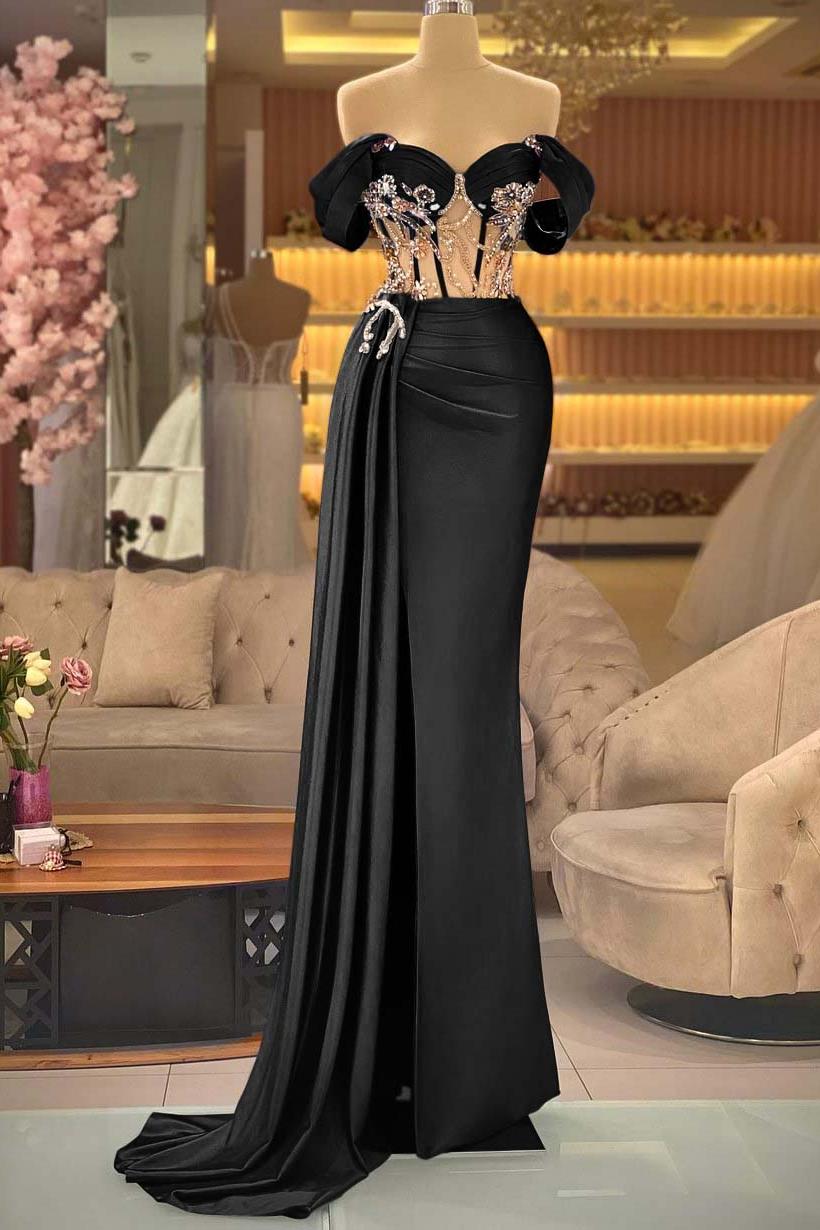 Off the Shoulder Royal Blue Prom Dress Beaded Sleeveless Evening Formal Dress With Split