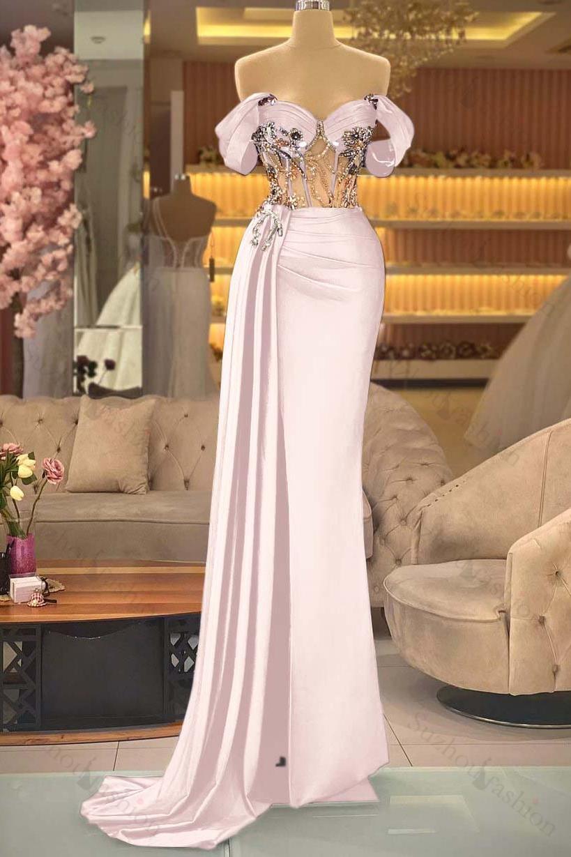 Off the Shoulder Royal Blue Prom Dress Beaded Sleeveless Evening Formal Dress With Split