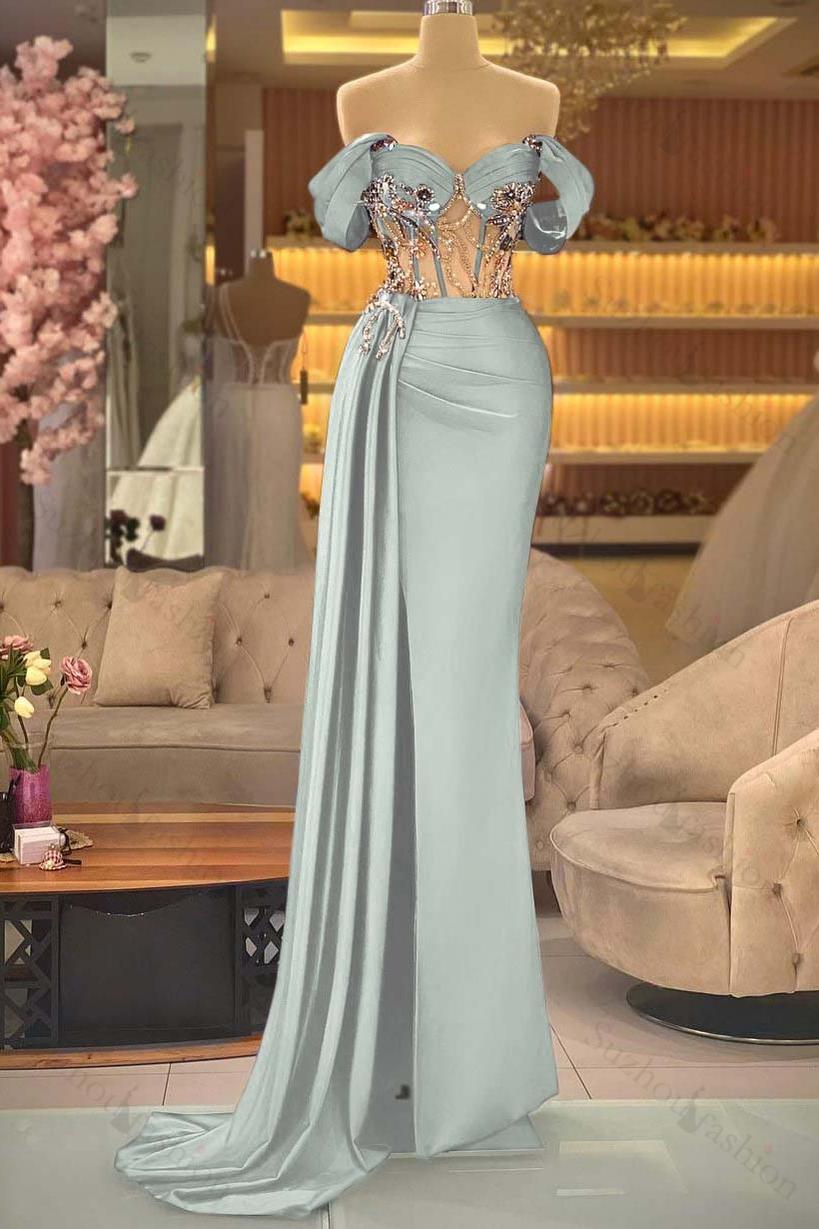 Off the Shoulder Royal Blue Prom Dress Beaded Sleeveless Evening Formal Dress With Split